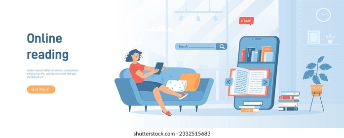 Online reading. Online service with e-books, library, education. Bookshelf and open book on phone screen. Flat concept great for social media promotional material. Website banner on white background.