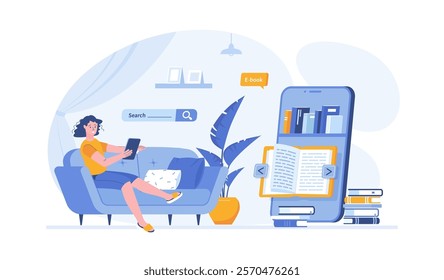 Online reading. Online service with e-books, library, education. Bookshelf and open book on phone screen. Vector illustration with characters in flat design for web banner.	
