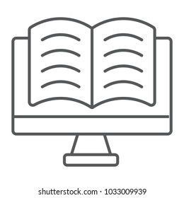 Online reading thin line icon, e learning and education, book in monitor sign vector graphics, a linear pattern on a white background, eps 10.