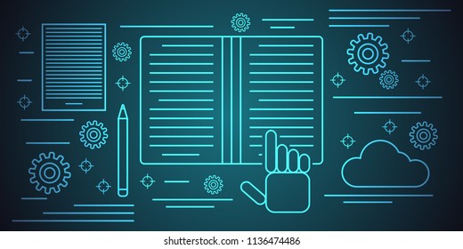 Online reading thin line style vector illustration