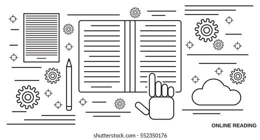 Online reading thin line style vector illustration