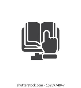 Online reading vector icon. Ebook filled flat sign for mobile concept and web design. Computer monitor with book glyph icon. Symbol, logo illustration. Vector graphics