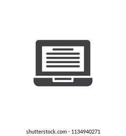 Online reading vector icon. filled flat sign for mobile concept and web design. Laptop with ebook text simple solid icon. Symbol, logo illustration. Pixel perfect vector graphics