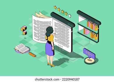 Online reading web concept in 3d isometric design. Woman reading e-book from mobile app, using virtual library and buying at internet bookstore. Vector web illustration with people isometry scene