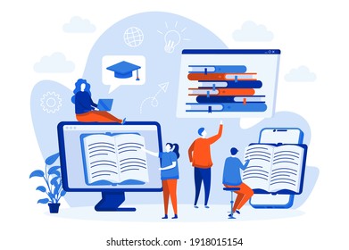 Online reading web concept with people characters. Students reading e-books scene. Distance education and knowledge, design in flat style. Vector illustration for social media promotional materials.