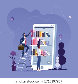 Online reading-Businessman taking books from bookshelf on smartphone screen. Mobile library concept