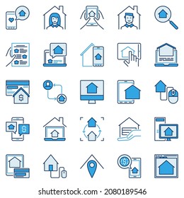 Online Real Estate Agency concept colored icons. Buy, sell, rent house via smartphone or laptop vector signs