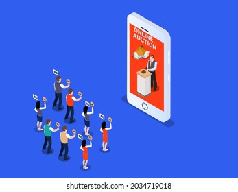 Online real estate auction with group of bidder giving their bid on auctioneer at mobile phone apps. isometric vector concept