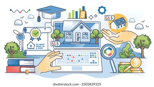 Online real estate courses for housing market study outline hands concept. Landlord property management or sales learning vector illustration. E-learning platform for effective real estate trading.