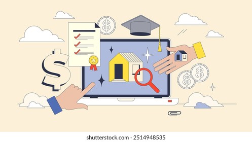 Cursos imobiliários on-line para vendedor de imóveis conceito de neubrutalismo minúsculo. Aprender a vender casas com a compreensão sobre o valor de mercado e estratégia de preços ilustração vetor. Estudo eletrônico para corretores