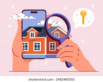 Online real estate matching service. Private property and home valuations. Investments and trading. Financial literacy and passive income. Cartoon flat vector illustration isolated on pink background