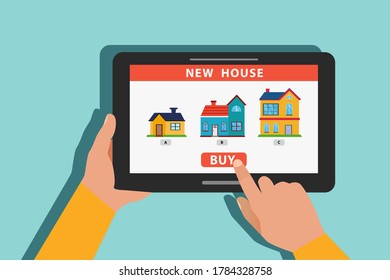 Concepto vectorial de compra inmobiliaria en línea: cierre de la compra de la casa con aplicación inmobiliaria online en la tableta