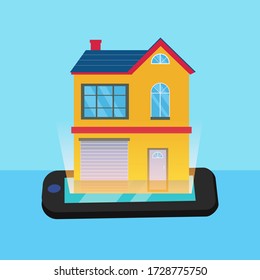 Online real estate vector concept:  smartphone screen projecting big house for sale