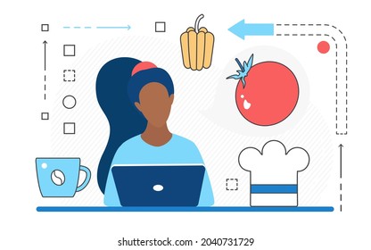 Online recipe book, culinary master class with cook lessons vector illustration. Cartoon woman user character using laptop to search for chef recipes for cooking food on internet isolated on white