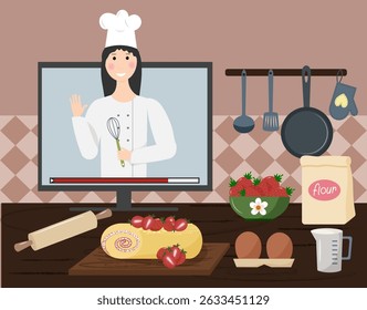 Online recipes. Chef prepares sponge roll with strawberries. Step by step lessons. View of kitchen with baking ingredients. Cooking at home, family time, home traditional food, cooking TV show. Vector