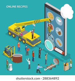 Online recipes flat isometric vector conceptual illustration. People are going to cook some dish and looking its recipe using mobile device.