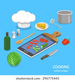 Online recipes flat isometric vector concept. Smart phone like a part of cutting board.