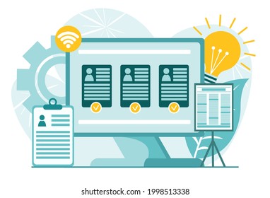 Online recruitment. Computer and employee resumes, HR management Concept vector  illustration