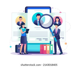 Online recruitment concept with a businessman holds a big magnifier searching for new candidate employees from job seekers on a smartphone screen. Flat style vector illustration