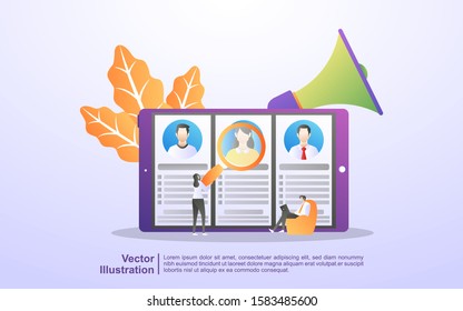 Online recruitment concept. online job search and human resource, We are hiring, Job agency hr creative find experience. Can use for web landing page, banner, mobile app. Vector Illustration