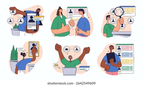 Online recruitment concept set for web design. Collection with people searching best cv, candidate interview, hiring employee in staff, more. Flat vector illustration isolated on white background.