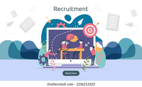 Online Recruitment Or Job Hiring Concept With Tiny People Character. Select A Resume Process. Agency Interview. Template For Web Landing Page, Banner, Presentation, Social Media. Vector Illustration.