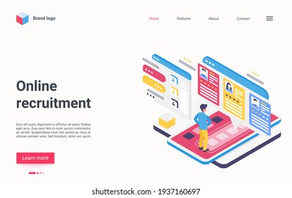 Online recruitment, job hiring via internet isometric vector illustration. Cartoon 3d human resource and recruiting staff process, workforce search and selection in employment agency landing page