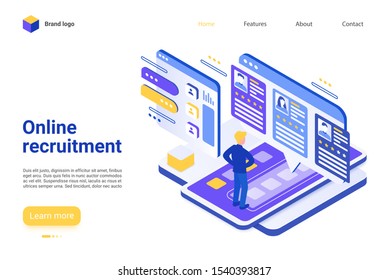 Online recruitment landing page vector template. Employment agency website homepage interface layout with isometric illustration. Internet job search platform, HR software web banner 3D concept