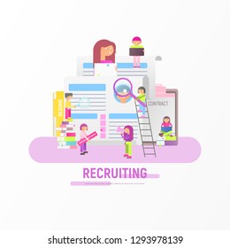 Online Recruitment. Modern Flat Design Vector Illustration of Business Recruiting with Small Characters Young People near Big Paper Resume. Job Interview Concept. Application and CV. Square Format.
