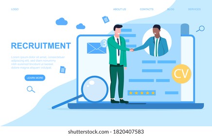 Online recruitment and stuff hiring concept with two multiracial man shaking hands. Flat vector illustration. Web page or web site template - Powered by Shutterstock - Get 15% off with code: PIKWIZARD15