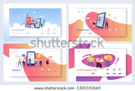 Online Recruitment Support Landing Page Set. Human Resources Employment Business. Agency Person Search Professional Candidate for Management Vacancy Website or Web. Flat Cartoon Vector Illustration