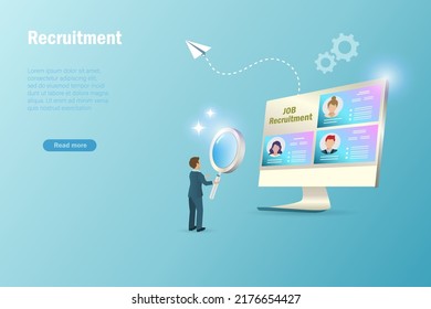Online recruitment, we are hiring concept. Businessman searching for qualified person from candidate application to put on vacancy position. Human resources management. 
