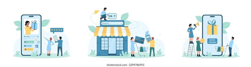 Online referral program and bonuses set vector illustration. Cartoon tiny people refer friends, promote recommendations and publish for interested customers marketing event to increase interaction