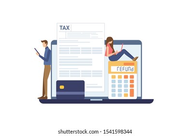 Online Refund Tax Payment. Filling Tax Form. TAX Refund Concept. Vector Illustration Flat Design Style.