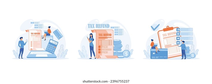 Online Refund Tax payment, Filling tax form, Tax declaration approved. TAX REFUND set flat vector modern illustration  