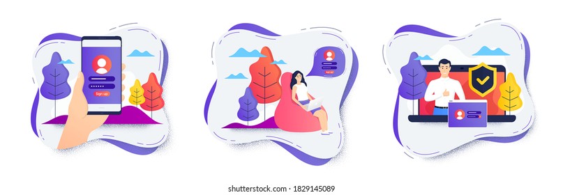 Online register icons set. User registration or sign up banners. Mobile phone login and password. Set of online register, sign up, user access icons. Hand holding mobile phone. Authorization vector