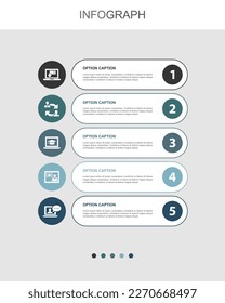 online registration, coaching, elearning, video communication, online training, icons Infographic design layout template. Creative presentation concept with 5 steps