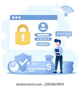 Online registration concept. Creating an account on the website or application for access. Protect your data with a password and verify via email or SMS. Flat vector illustration.