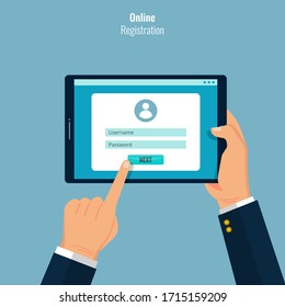 Online registration concept design. Hands holding tablet to sign in on internet browser. Register form to join membership for user. Vector illustration