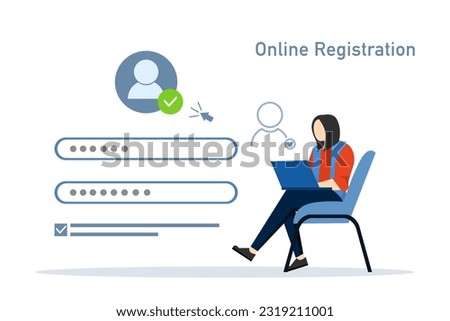Online registration concept, registration user interface. Woman create new account with secure login and password. Users register online. login, register. Vector illustration in flat shape for app, UI