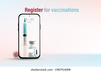 Online registration concept for vaccinations presented by smartphone syringes and model of the COVID-19 virus with inscription Register for vaccination on multicolored gradient background