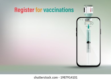 Online registration concept for vaccinations presented by smartphone syringes and model of the COVID-19 virus with inscription Register for vaccination on multicolored gradient background