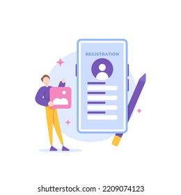 online registration, fill in personal data, complete profile data information. a user or registrant tries to fill out a registration form on a smartphone. sign up. illustration concept design. graphic