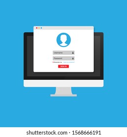 
Online registration form. Login form, login page, opened in a web browser window on the monitor screen. Modern flat design vector illustration.