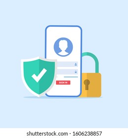 Online registration form. Login form, login page, opened in a web browser window on a mobile phone screen.green shield with a check mark and a padlock as a symbol of protection.vector illustration.