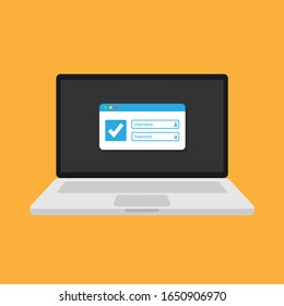 Online registration form. Login form, login page, opened in a web browser window on the laptop screen. Modern flat design vector illustration.