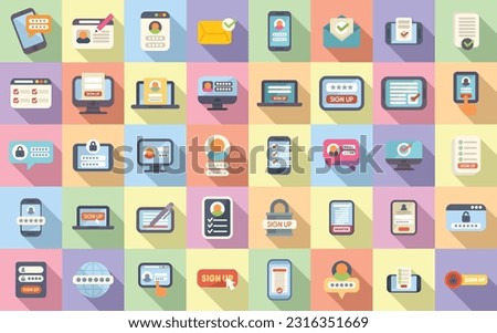 Online registration icons set flat vector. Apply device. Form register