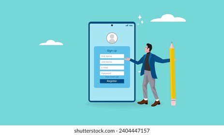 ilustración de registro en línea con el concepto de empresario rellena la tabla de registro mientras lleva un lápiz grande, ilustración de registro de negocio, aplica nuevo empleo o afiliación, registra nueva cuenta