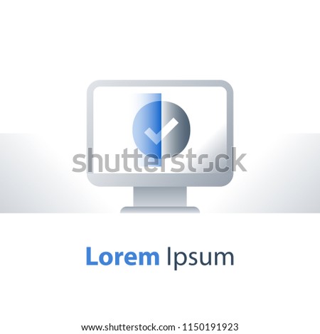 Online registration, internet resources, access confirmation, education enrollment, check mark on monitor screen, submit questionnaire, vector icon, flat illustration