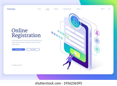 Online registration isometric landing page. Tiny man signing up or login to internet account on huge smartphone with app interface on screen. Secure authentication in networks, 3d vector web banner